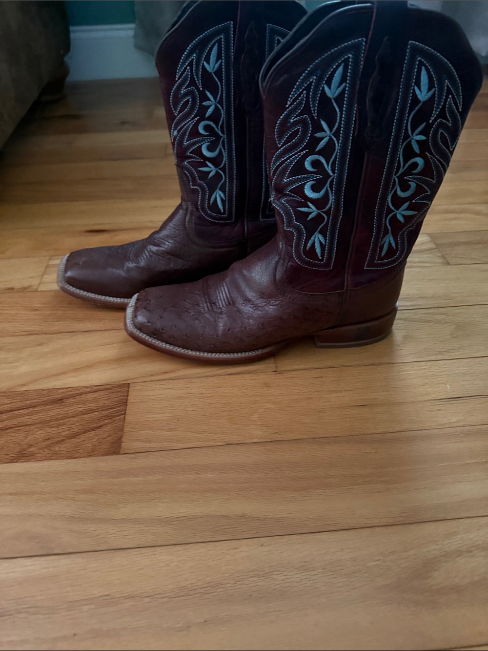 Tony Lama Brown Western Cowboy Boots with Teal Stitching